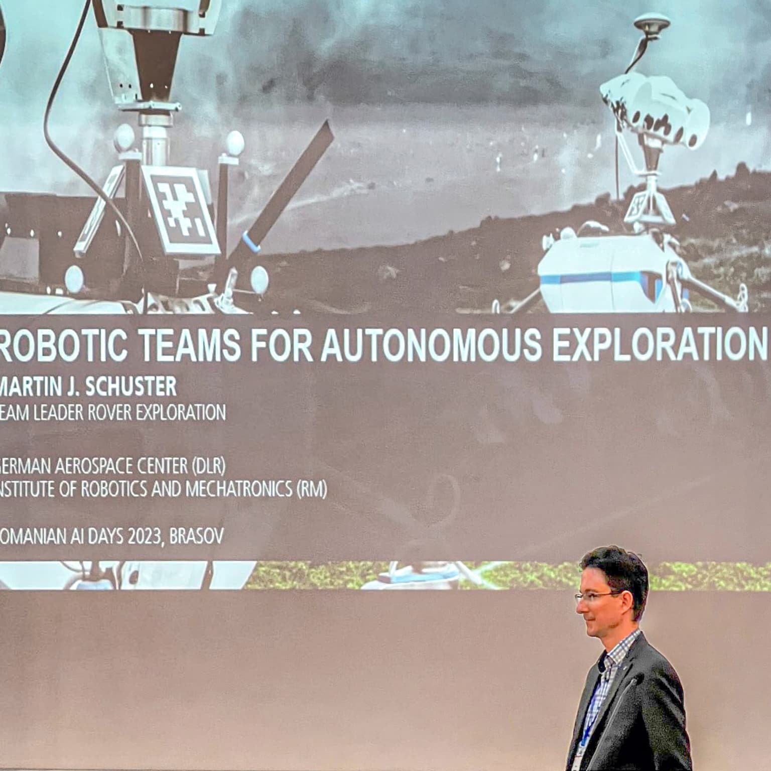 Dr. Ing. Martin J. Schuster presenting Robotic teams for autonomous exploration at Romanian AI Days 2023
